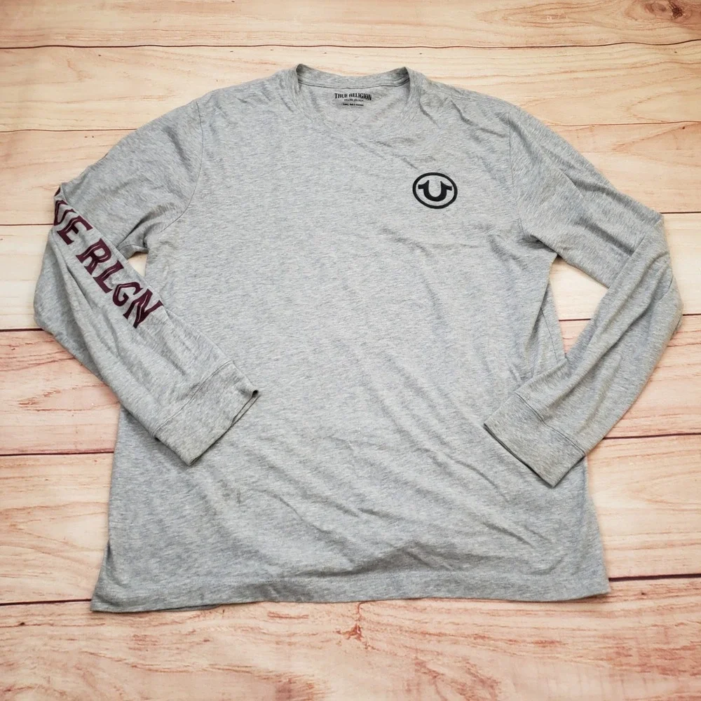 True‎ Religion Shirt Mens XL Heather Gray Graphic Long Sleeve Tee Horseshoe Logo
